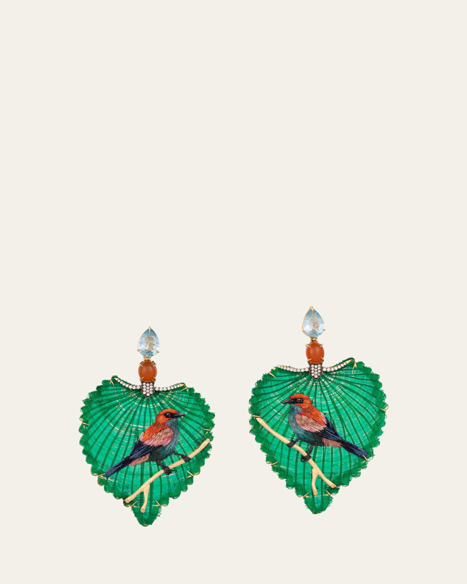 18K Yellow Gold Horse Mane Bird and Leaf Earrings with Diamonds, Carnelian and Sky Blue Topaz